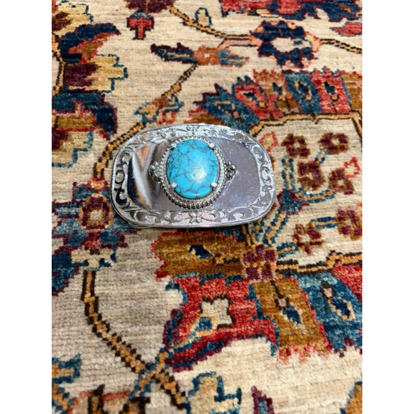 Vintage Western Turquoise Style Belt Buckle Silver Tone Engraved Cowboy Rodeo